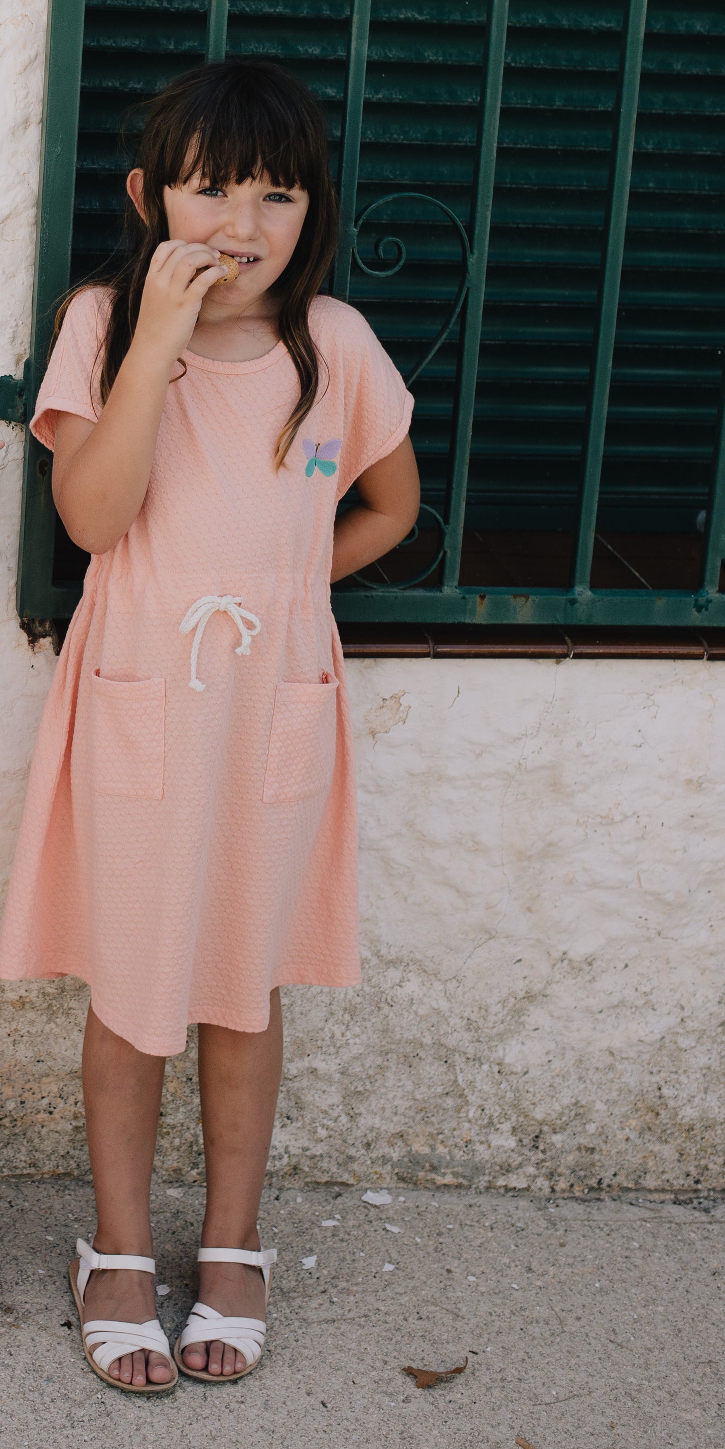 Waist Drawstring Dress Salmon Rose Butterfly Lötiekids