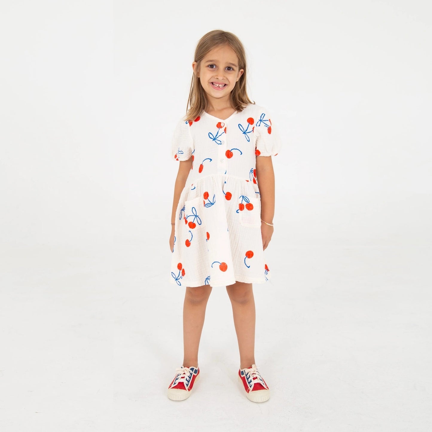 Bloused Woven Dress Cherries Off White Lötiekids