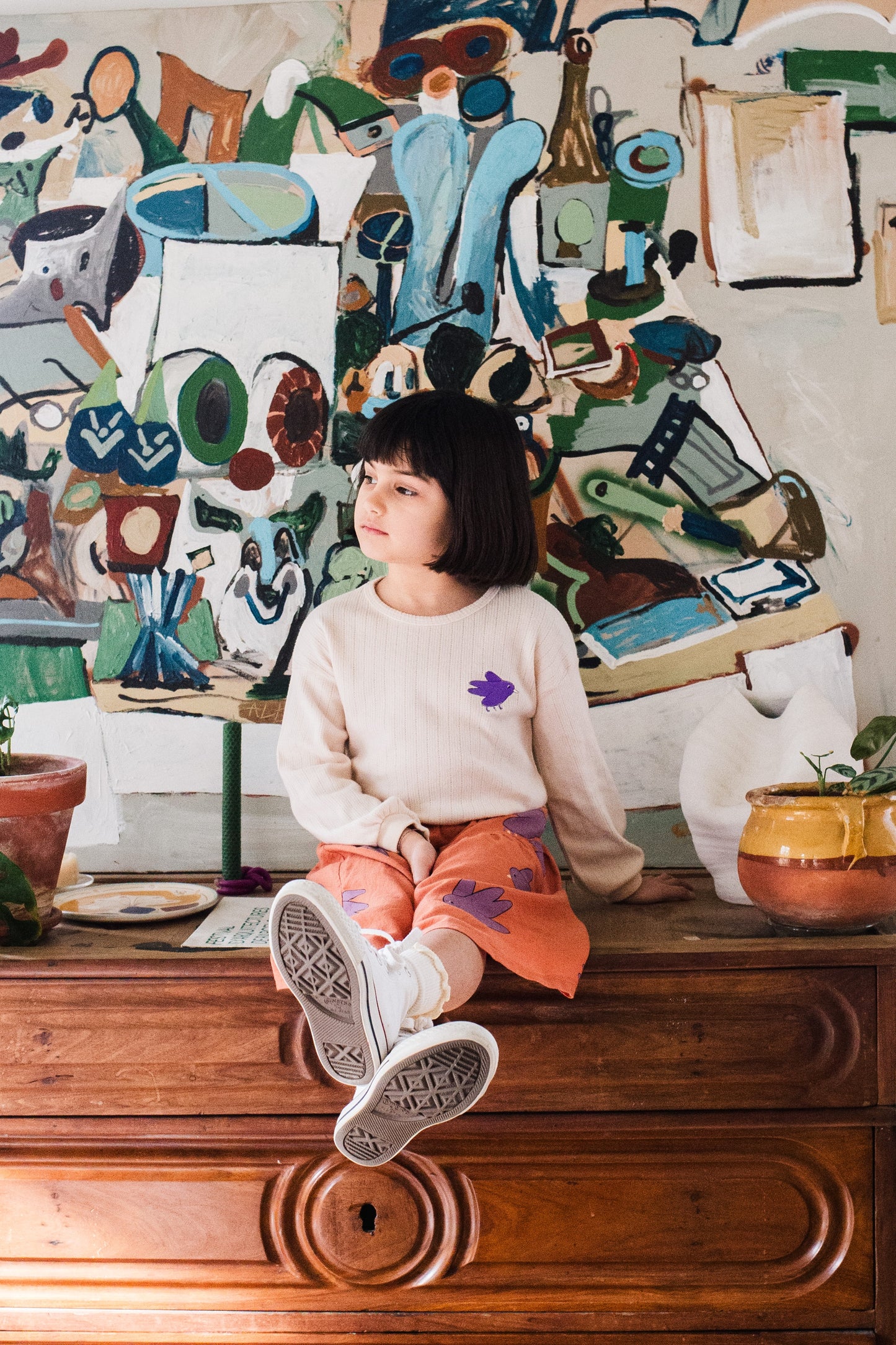 Longsleeve T-Shirt Flowing Bird Embroidery Cream Lötiekids