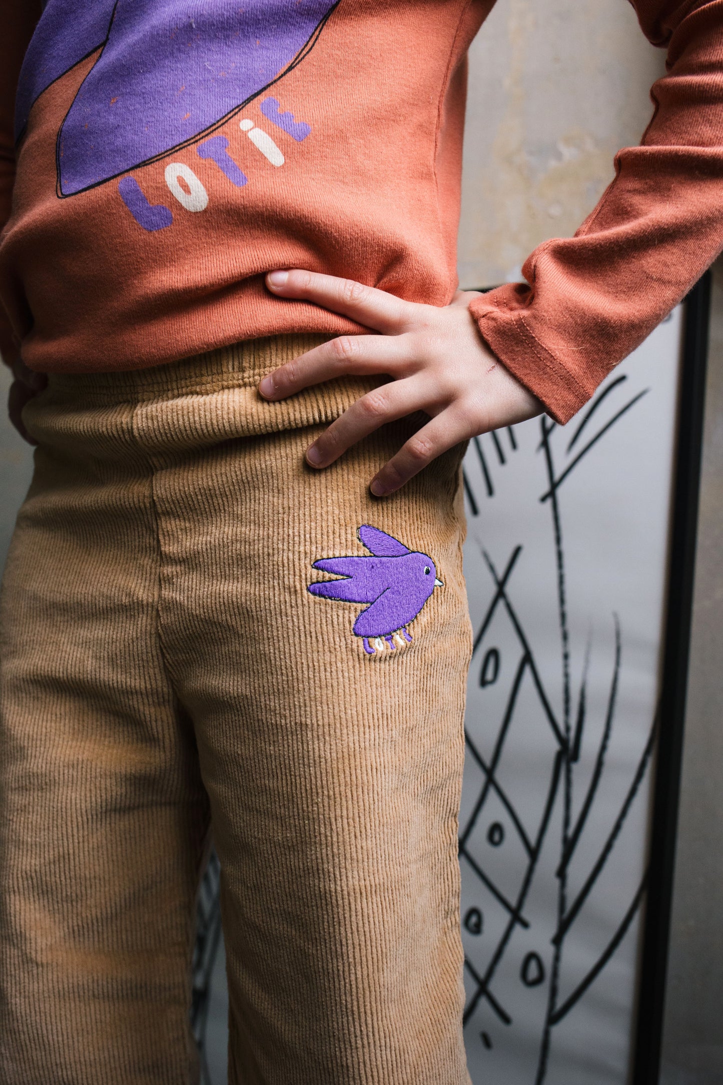 Corduroy Pants Flowing Bird Embroidery Toasted Lötiekids