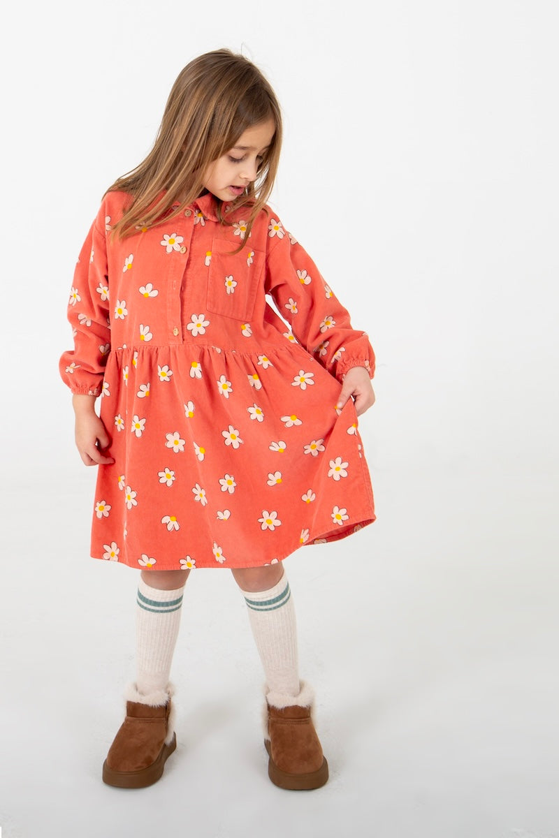 Corduroy Dress Daisies Allover Coral Lötiekids