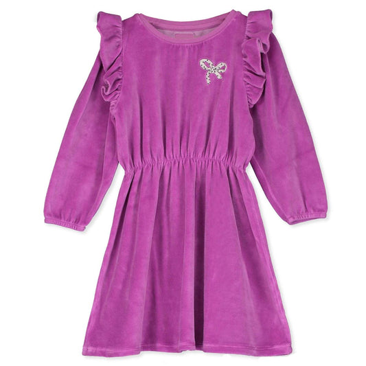 Ruffle Sleeve Velvet Dress Bow Embroidery Fucsia Lötiekids