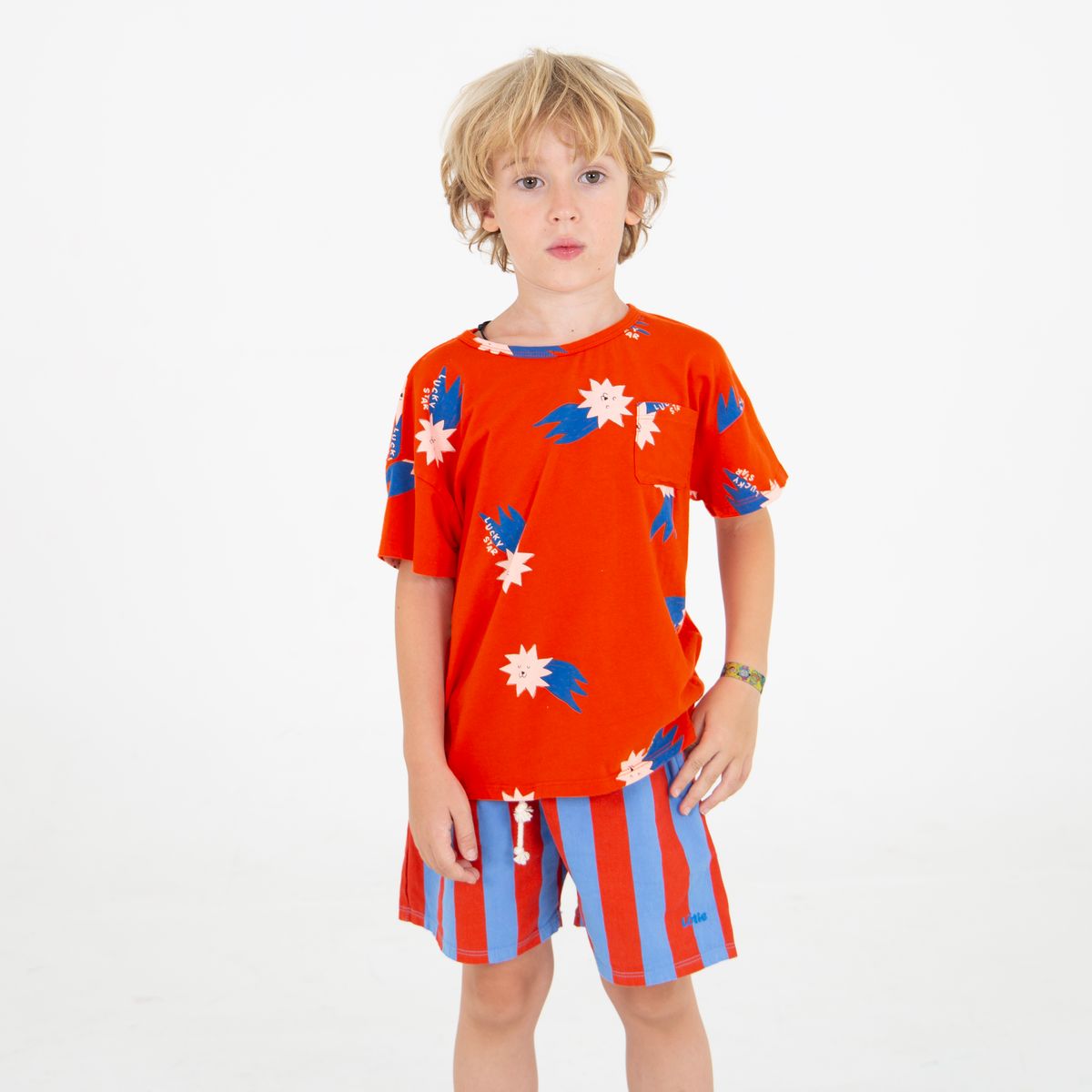 Twill Bermuda Pockets Lotie Embroidery Red Stripes + Baja Blue Lötiekids