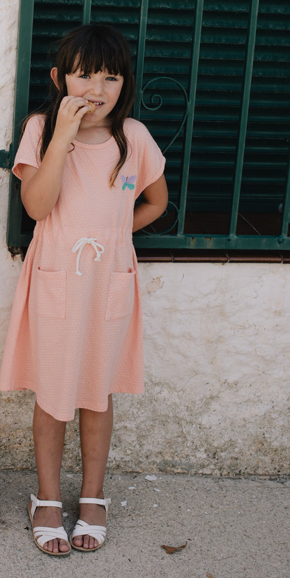 Waist Drawstring Dress Salmon Rose Butterfly Lötiekids