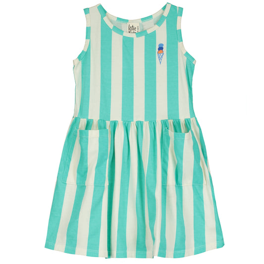 Dress Sleeveless Pockets Stripes+Ice Cream Embroidery Off White Blue Stripes Lötiekids