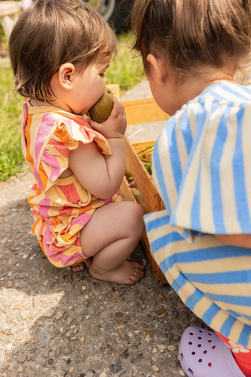 Ruffle Terry Jumpsuit Stripes Nectarine Sproet & Sprout