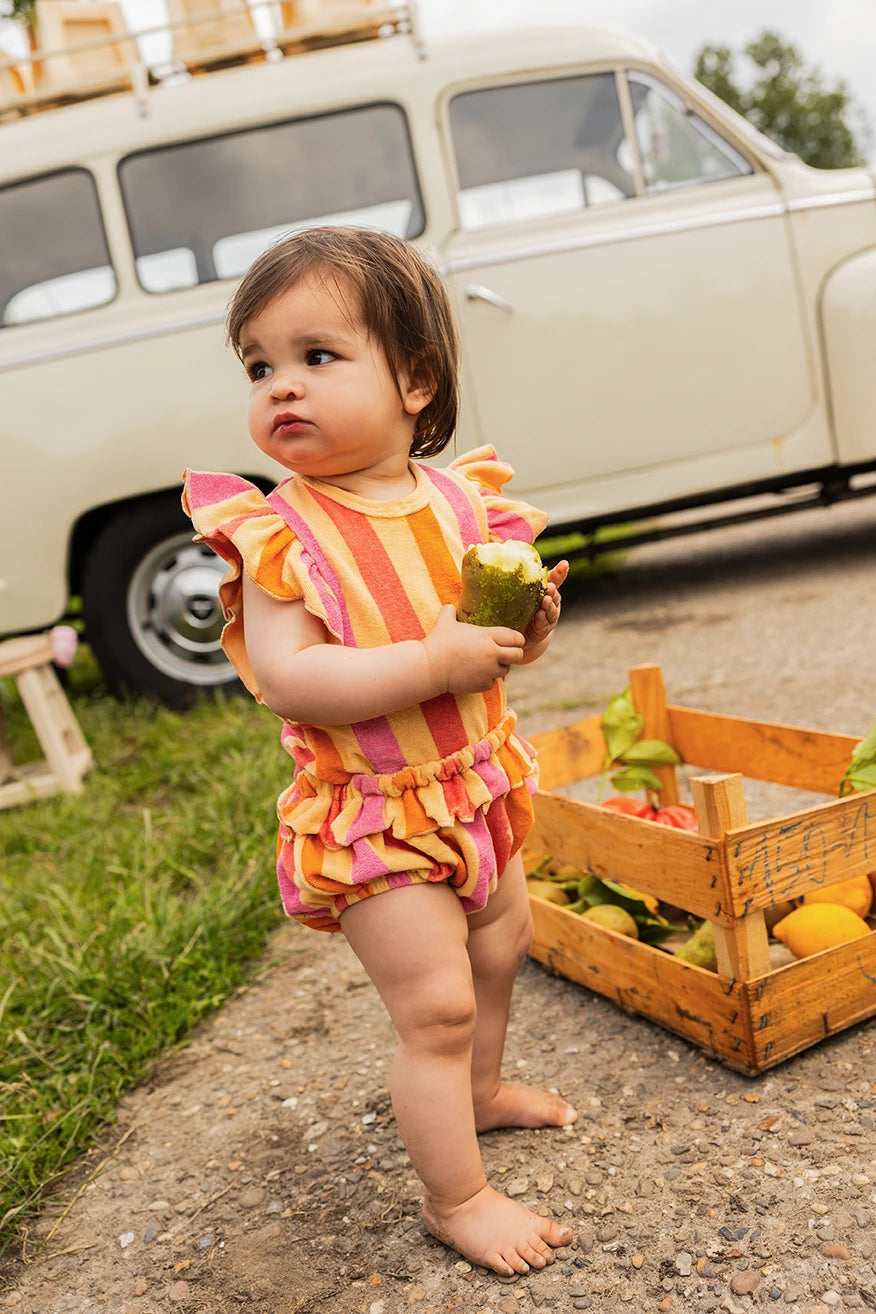 Ruffle Terry Jumpsuit Stripes Nectarine Sproet & Sprout