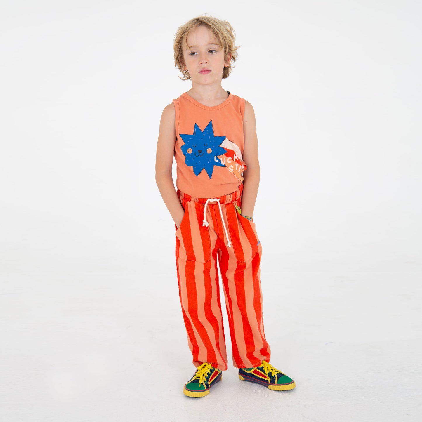 Wide Fit Twill Pockets Pants Lotie Embroidery Red Stripes + Papaya Lötiekids