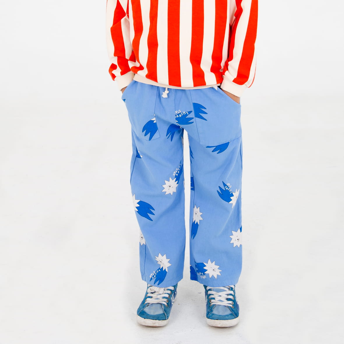 Wide Fit Twill Pockets Pants Lucky Blue Stars Allover Baja Blue Lötiekids