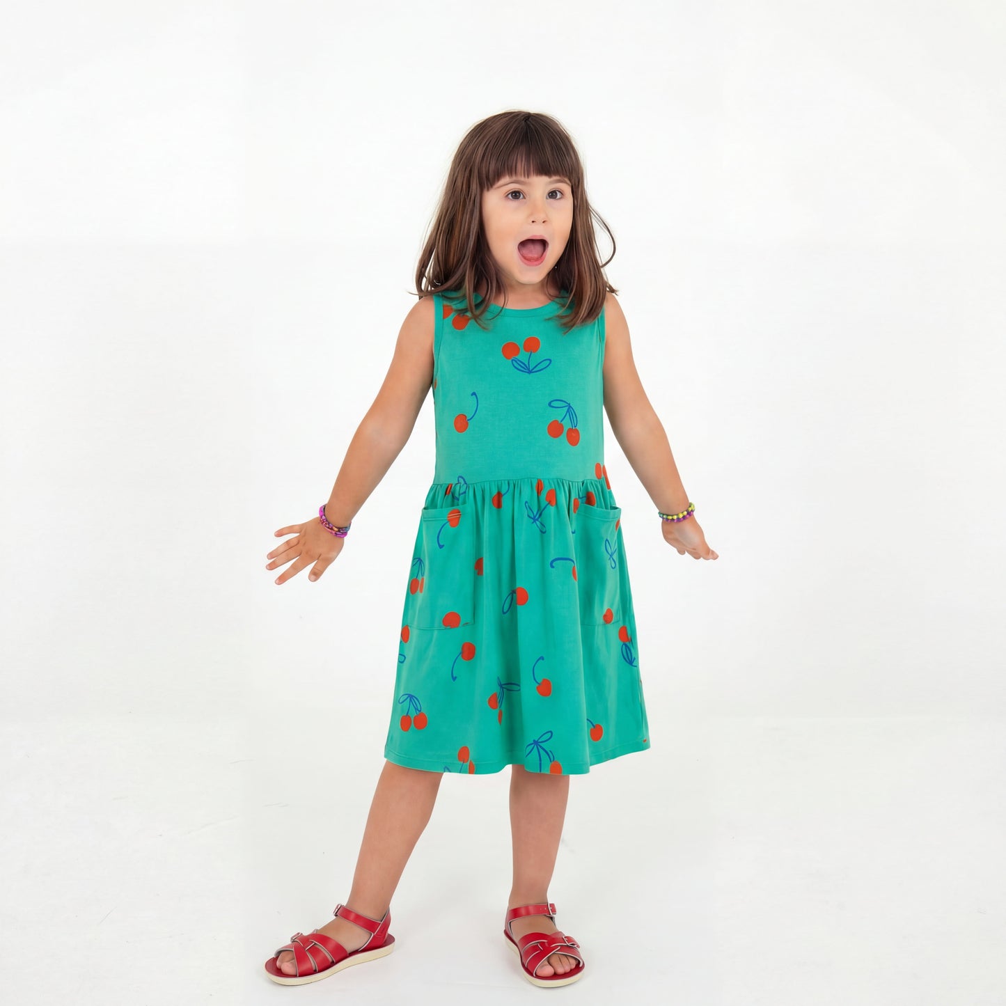Sleeveless Pocket Dress Cherries Allover Green Lötiekids