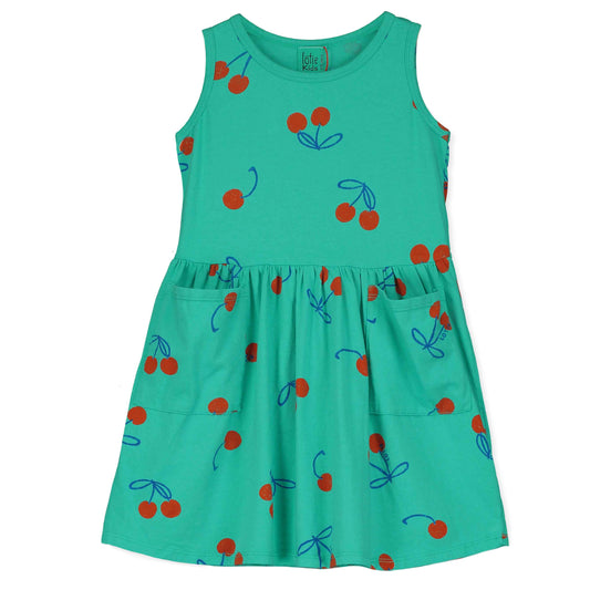 Sleeveless Pocket Dress Cherries Allover Green Lötiekids