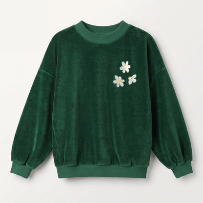 Velvet Sweater Daisies Embroidery Green Lötiekids