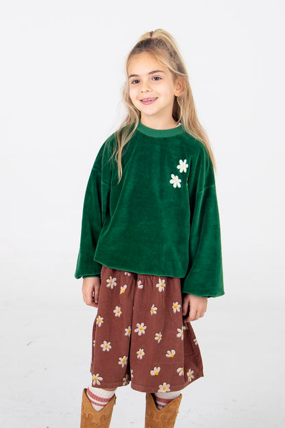 Velvet Sweater Daisies Embroidery Green Lötiekids