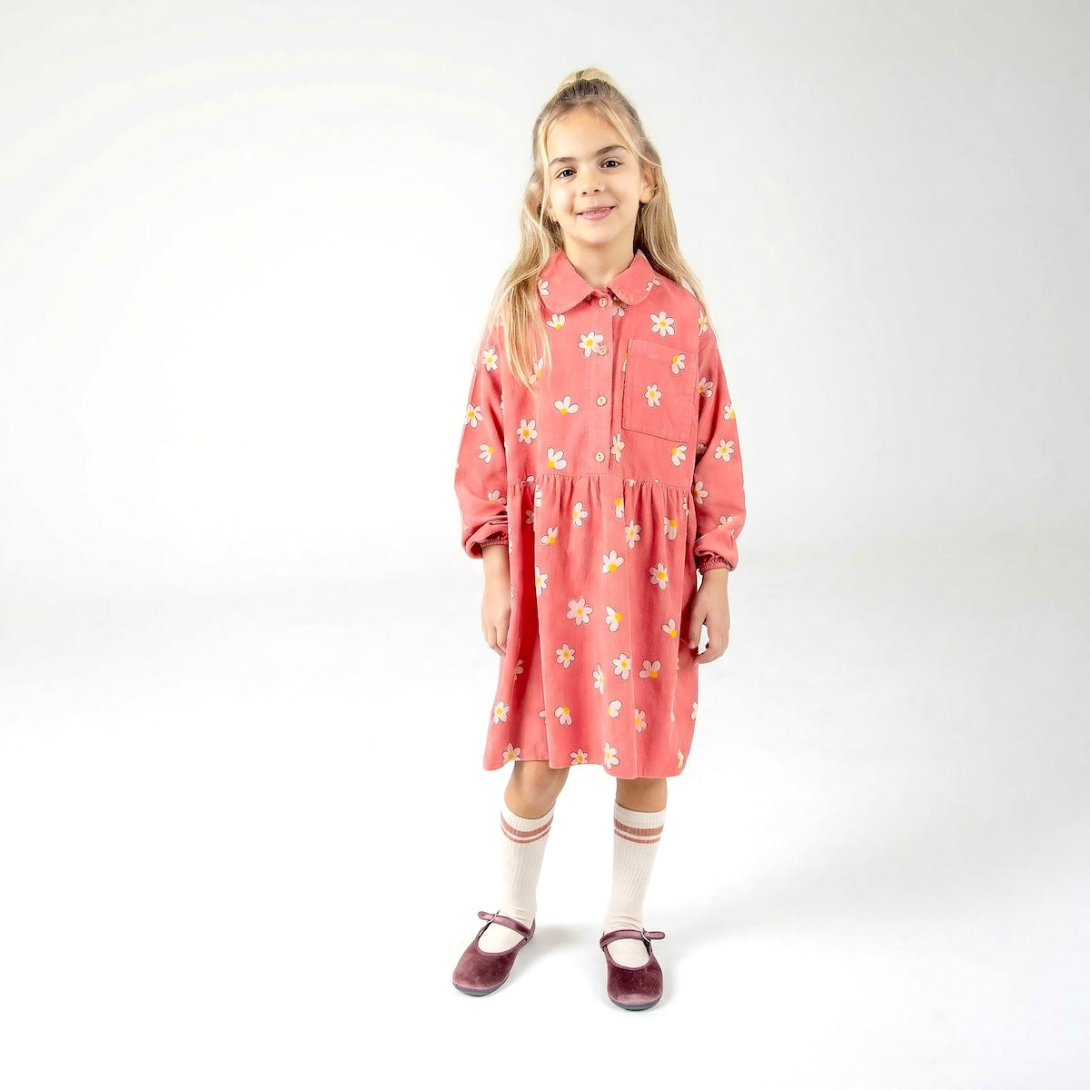 Corduroy Dress Daisies Allover Coral Lötiekids