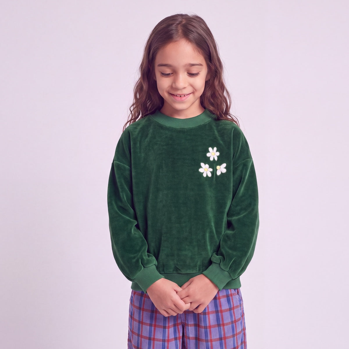 Velvet Sweater Daisies Embroidery Green Lötiekids